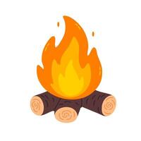 Flaming campfire with three wooden logs. Perfect for camping themes, hiking visuals, wilderness concepts and survival design vector