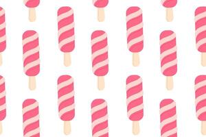 Seamless pattern of pink striped ice cream on white background, ideal for fruity dessert visuals, packaging, and playful summer designs vector