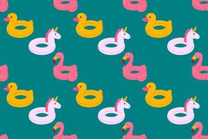 Seamless pattern with flamingo, unicorn, and duck pool floats on dark teal background, designed for summer prints and products vector