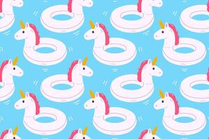 Seamless summer pattern with white unicorn pool floats on blue background, ideal for swim products, fabric, and vacation-themed decor vector
