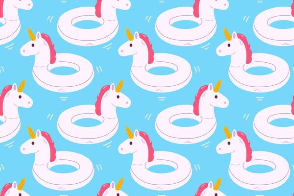 Seamless summer pattern with white unicorn pool floats on blue background, ideal for swim products, fabric, and vacation-themed decor