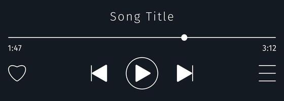 Black Music or play bar icon. Audio media player for songs or podcast playlist with Song Title text. Control Button. Dark theme. Editable stroke. Simple mini display. vector