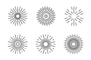 Radiant simple Fireworks set. Festival black holiday Sparks for banner, poster, flyer, greeting card. Explosion decorative elements for new year birthday. Round Burst. Sun rays. vector