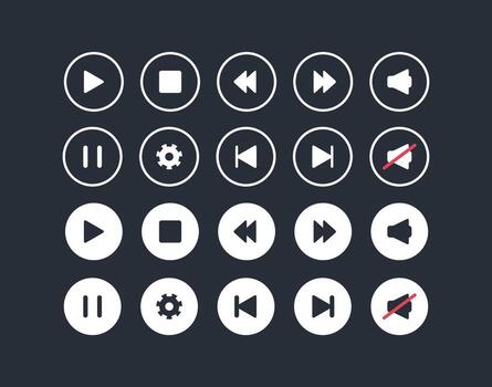 medios de comunicación jugador botón íconos colocar. pausa, rebobinar, rápido adelante jugar controlar elemento recopilación. blanco contorno ui monitor signo. vector