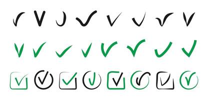Check mark icon set. Hand drawn doodle checklist correct element. Checkmark with box, circle frame in green and black color. Doodle Ok, Yes, done symbol. vector