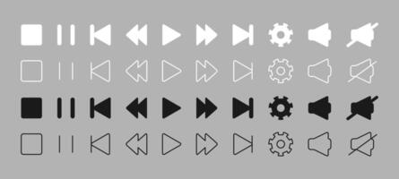 Set of media player button icons black and white colors. Media player interface outline element with editable stroke. Audio and app, device screen control sing. Start stop next volume settings. vector