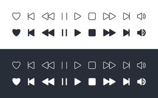 Media Player control icon set. Interface multimedia Buttons in flat style, white and black color. Like pause stop play next settings volume outline element editable stroke. Audio Music app display. vector