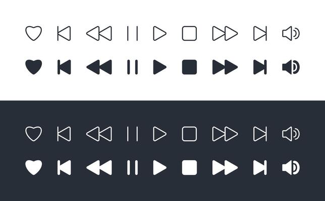 Media Player control icon set. Interface multimedia Buttons in flat style, white and black color. Like pause stop play next settings volume outline element editable stroke. Audio Music app display.