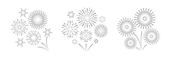 Black simple Fireworks set on white background. Round starburst. Collection New year party celebration splashes. Exploding flash icon vector