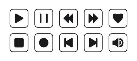 Set of media player buttons icons in a square. Pause, rewind, fast forward, sound, volume, record, like, favorite. Collection of playback elements. Editable black stroke. Interface control. vector