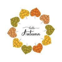 Hello autumn black lettering. Handwritten phrase in circle leaves frame. Hand drawn Calligraphy Script text. Quote for Fall inspiring poster, social media post, project vector