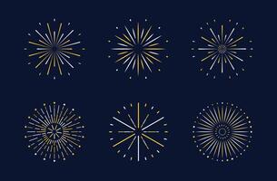 Fireworks set. Sparks yellow white decorative elements for new year, birthday, holiday banner, poster, flyer, greeting card. Round explosion icon. Bright pyrotechnic burst for festival design. vector