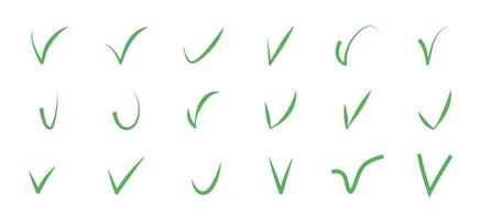 Green check and tick mark icon set. Hand drawn correct symbol for banner poster school design. Checkmark , approved sign. Yes or Ok. vector