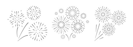 Fireworks icon set. Round black Firecracker. Happy New year, Holiday and party decoration elements. Round silhouette isolated on white background. Radial light beams salute sparks. vector