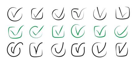 Hand drawn Check mark icon set in circle and square shape. Tick symbol in green and black color. Handwritten checkmark good yes ok illustration. Doodle element. vector