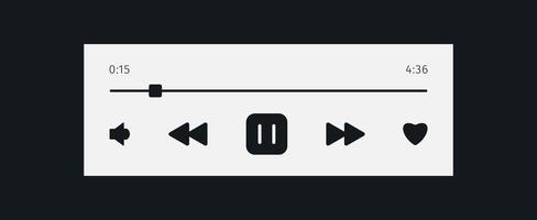 Music Player user interface design. Audio media widget with like next play volume buttons and song duration bar. Modern ui design element for app and web. Light white theme. vector