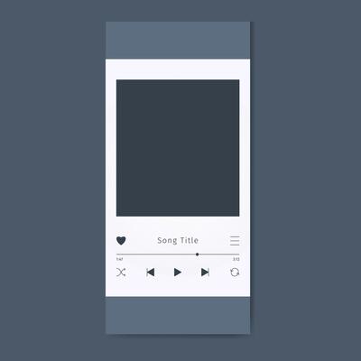 Phone Music Player UI template with play next button and song controls. Album art for Audio streaming app. Media device Interface mockup with empty place
