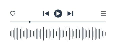 Media Player progress loading bar, play next, rewind fast forward buttons. Templates of music playback panel interface. Sound waves or voice message. White mode. Mini-player, embeddable into websites vector