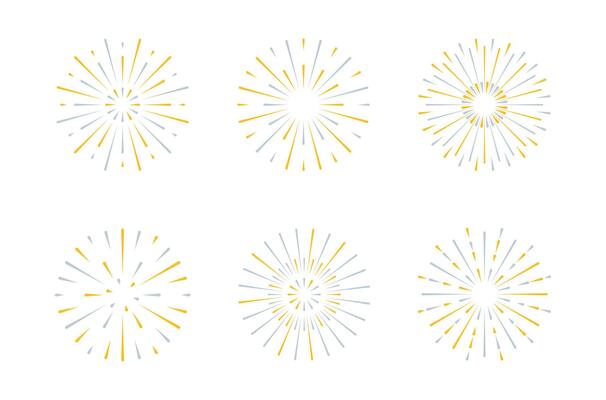 Fireworks flat style set isolated. Beautiful golden yellow Bright decoration Christmas card, Happy New Year celebration, anniversary, festival. Simple explosions of festive sparks.