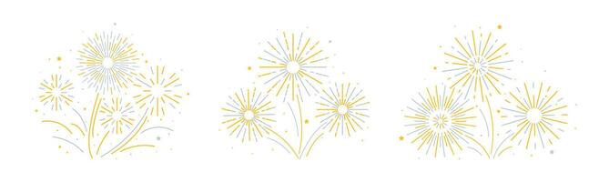 New year firework set. Collection of golden yellow explosion on white background. Simple flat style burst for decoration, print, poster, banner, wallpaper, card, cover vector