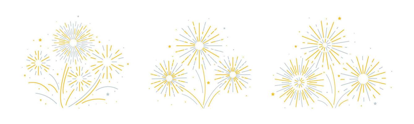 New year firework set. Collection of golden yellow explosion on white background. Simple flat style burst for decoration, print, poster, banner, wallpaper, card, cover