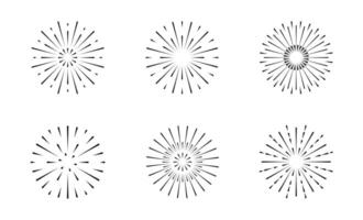 Set of black firework icons. Simple round Sparks isolated on white background. Radial rays of explosion in flat style. vector