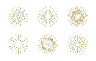 Flat Fireworks set with flashes, sparkles, and yellow grey bursts. Radial icon for celebrating festivals, holidays, birthdays, or festive events vector