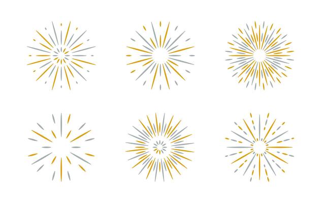 Flat Fireworks set with flashes, sparkles, and yellow grey bursts. Radial icon for celebrating festivals, holidays, birthdays, or festive events