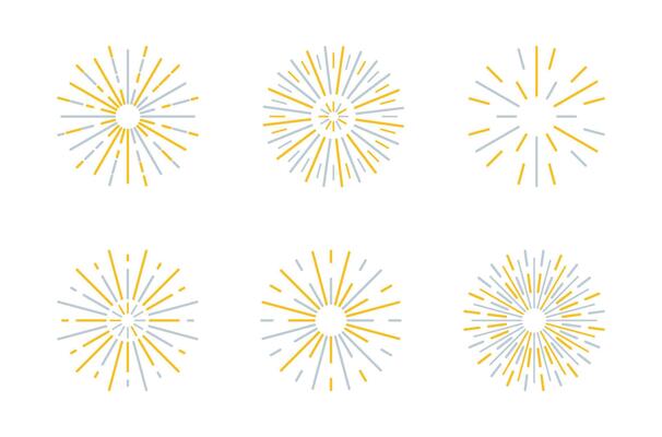 Fireworks gold bright set. Celebration fire work christmas new year pyrotechnics firecracker, night festival, birthday party. Vintage sunburst. Burst of sun rays. Radial light beams salute sparks.