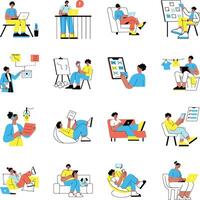 Illustrations of people working and relaxing vector