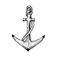 A maritime anchor wrapped in a thick rope. Black and white hand drawn illustration. Graphic sketch in line art style. Isolated on white background. Ideal for marine or vintage themed designs. vector