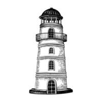 A classic lighthouse tapering upward to a domed lantern room. With arched windows, balcony railing and a sturdy base. Hand drawn illustration. Sketch in line art style painted by black ink vector