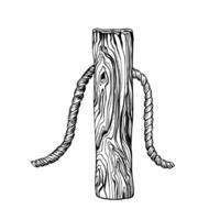 A wooden mooring post with a coiled rope. Black and white illustration capturing a nautical, rustic marine theme. Sketch isolated on white. Ideal for seaside or coastal design elements. vector