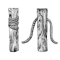 Two wooden posts wrapped with rope. Hand drawn illustration painted by black ink. Sketch in line art style isolated on white background. Perfect for maritime rustic or coastal themed design. vector