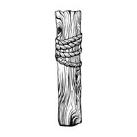 A wooden mooring post with a coiled rope tied around it. Black and white illustration capturing a nautical, rustic marine theme. Isolated on white. Ideal for seaside or coastal design elements. vector