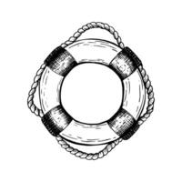 Lifebuoy, lifesaver with rope. Hand drawn outline style life ring. Illustration in a black and white. Sketch in line art style isolated on white. For clip art cards packages. vector