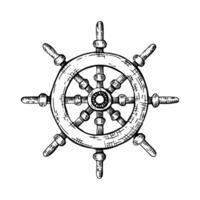 Ships steering wheel. A helm painted by black ink. Hand drawn illustration. Sketch in line art style isolated on white background. Perfect for maritime design cards packages labels vector
