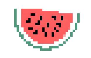 Watermelon slice in pixel art style showcasing vibrant red flesh and black seeds, ideal for summer themes and digital designs vector