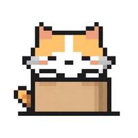 Cute pixel art cat relaxing inside a cardboard box with a playful expression vector