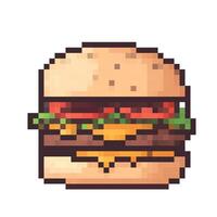 Pixel art burger featuring layers of cheese, lettuce, tomato, and a beef patty in a retro style vector
