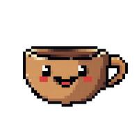 Cute cartoon coffee cup character smiling with rosy cheeks in a illustration style. Pixel art. vector