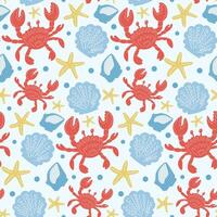 Bright and playful pattern featuring crabs, seashells, and starfish on a light blue background vector
