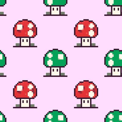 Colorful mushroom pattern on a soft pink background featuring vibrant red and green mushrooms in a playful design
