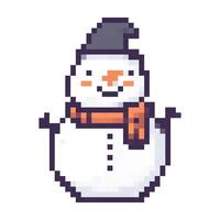Cheerful snowman wearing a hat and scarf, designed in pixel art style for winter themes and holiday decorations vector
