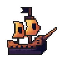 Vintage pixel art of a sailing ship with two masts and a waving flag on a calm sea backdrop vector