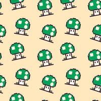 Green mushroom pattern featuring pixel art design on a light background in a seamless arrangement vector