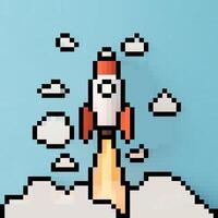 illustration of a retro rocket launching into a blue sky with clouds and pixelated graphics vector