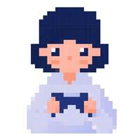 A girl playing games in a cozy setting, enjoying leisure time with retro gaming style and pixel art design vector