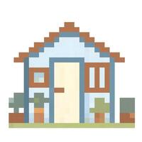 Pixel art representation of a cozy house surrounded by plants and greenery vector