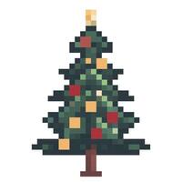 Pixel art Christmas tree adorned with colorful ornaments and a shining star on top for festive decoration vector